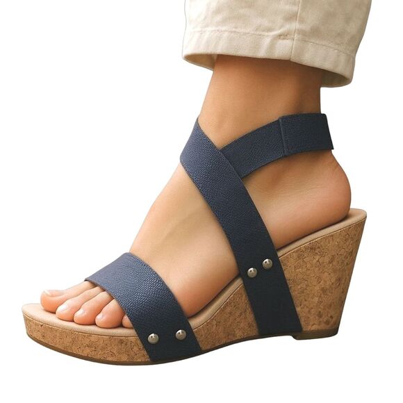 Lucky Brand Maxyne Cork Wedge Sandal 7.5 Blue Studded Stretch Straps Pullon - Picture 1 of 16
